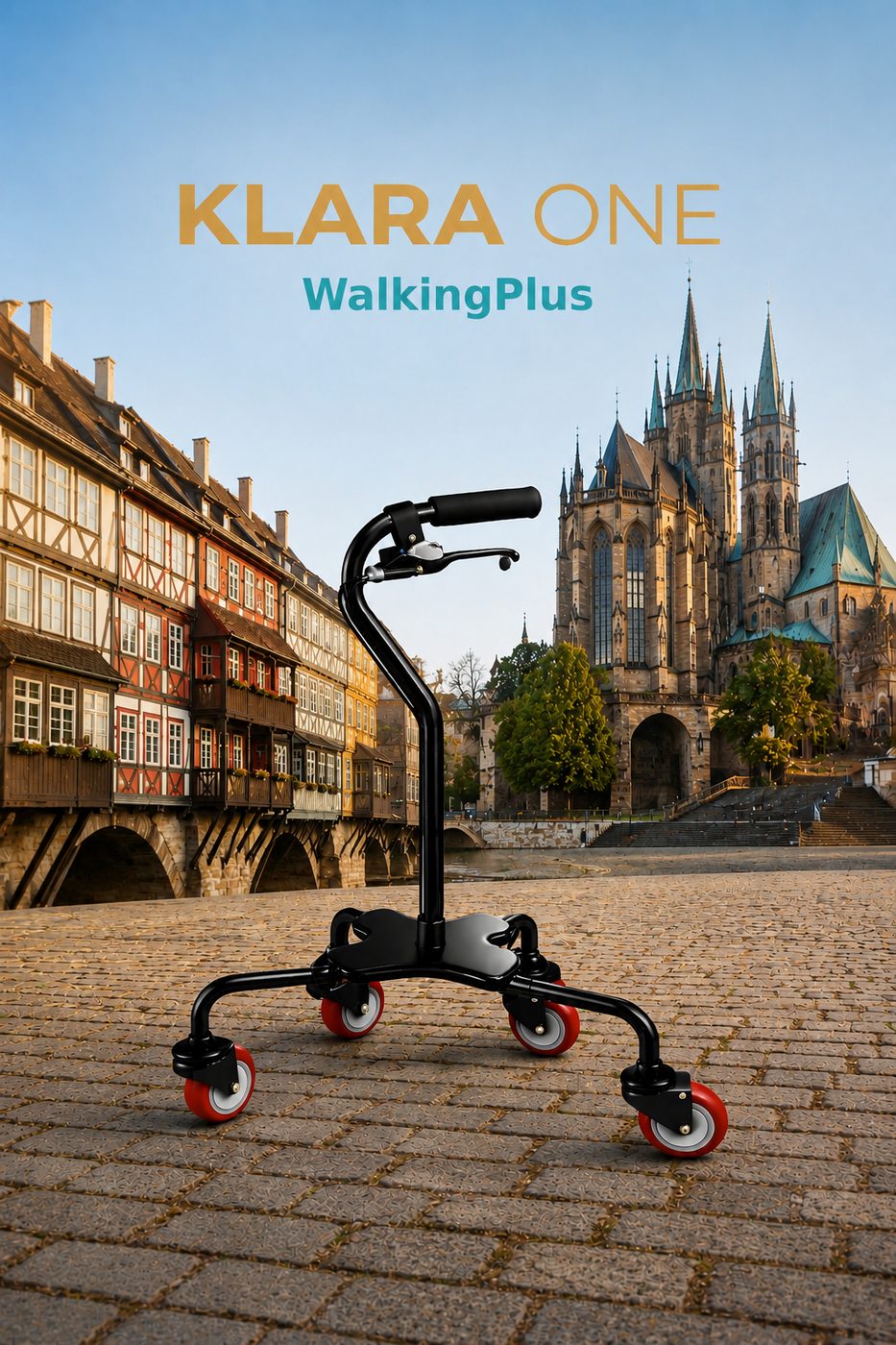 KLARA ONE von WalkingPlus UG vor dem Erfurter Dom und der Krämerbrücke - Mobilitätsgerät mit Stabilität und Design